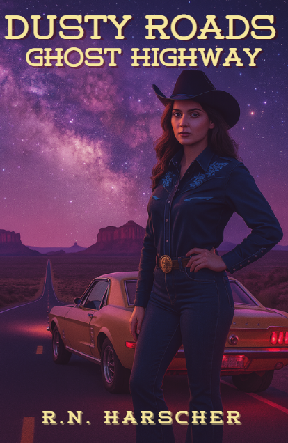 A woman in a cowboy hat stands on a desert highway at night with a vintage Mustang behind her and the Milky Way glowing overhead.